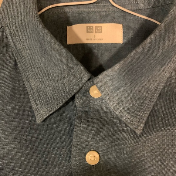 NWT Uniqlo premium French linen blue button down shirt full sleeves Mens S / M - Picture 2 of 7